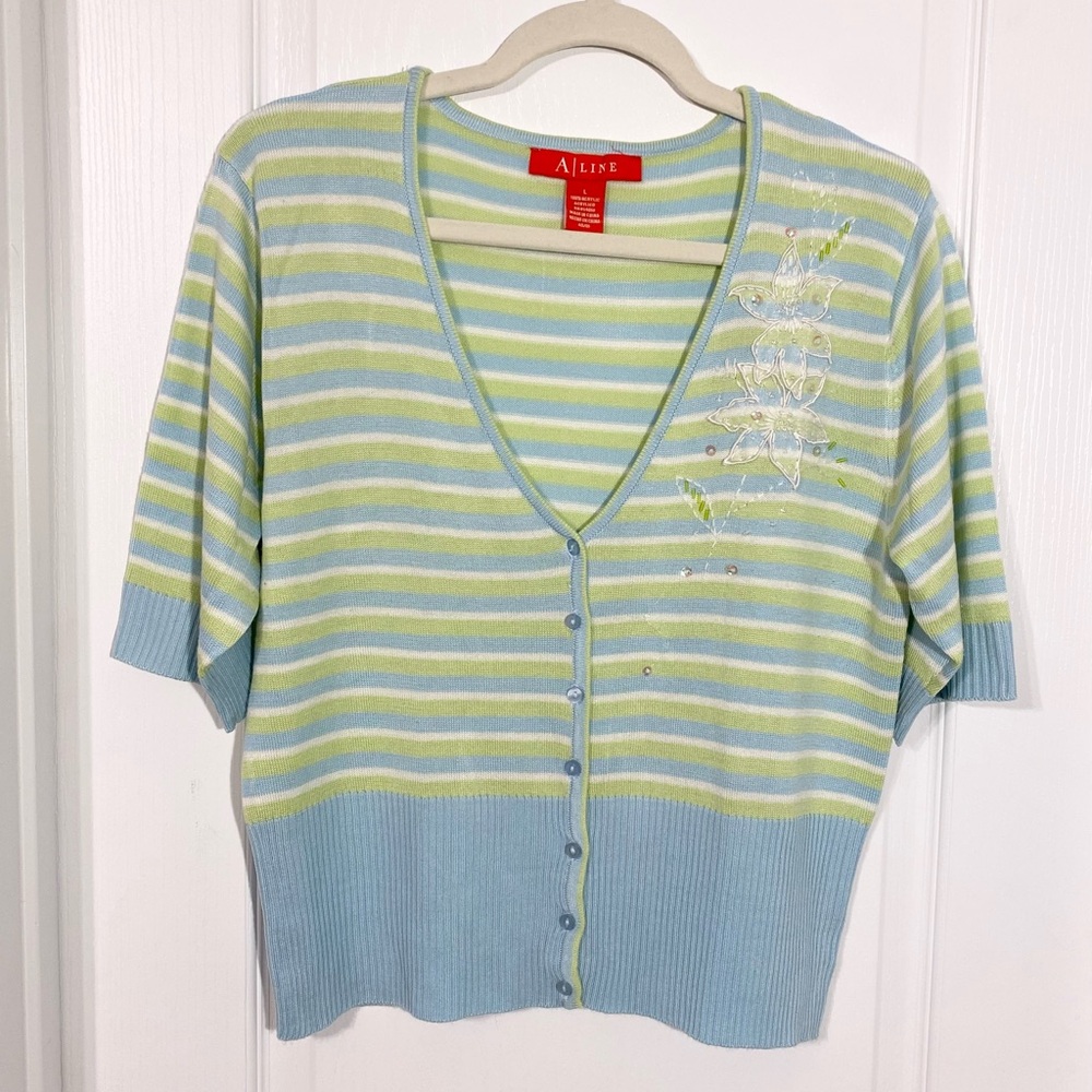 Y2K Floral Embroidered Beaded Sequin Striped Short Sleeve Knit Cardigan Vintage